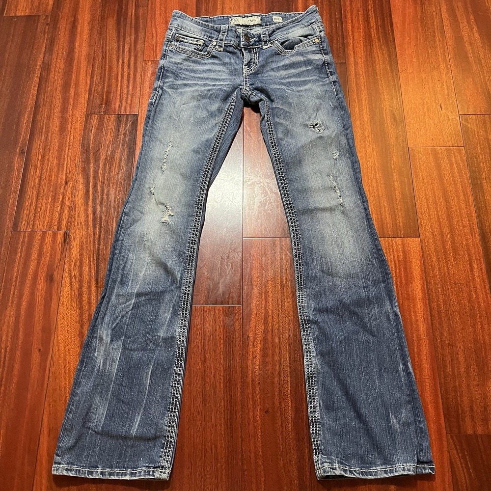 BKE Jeans Womens 30x34 Stella Flare Bootcut Distressed Blue Dark Wash Grunge